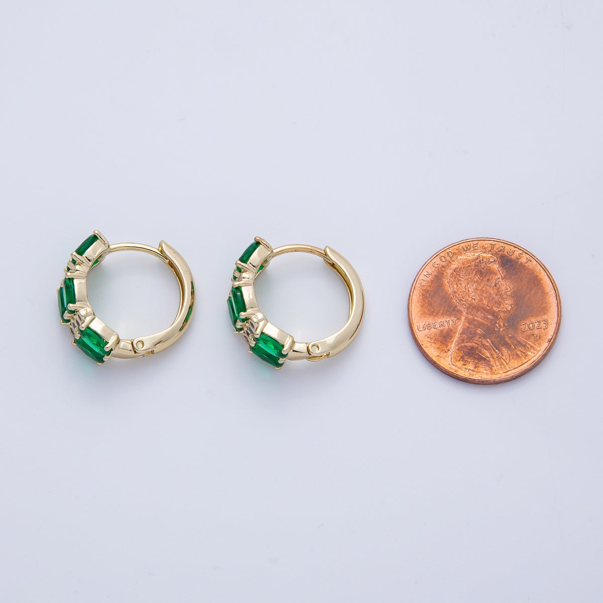 14K Gold Filled 16mm Green CZ Double Oval Huggie Earrings | Earrings-00092