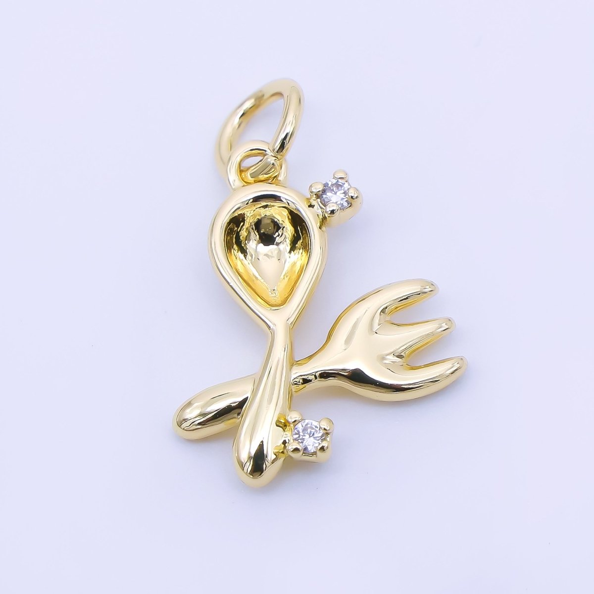 14K Gold Filled 16mm Clear CZ Utensil Fork Spoon Kitchen Eating Utensils 3D Multidimensional Charm | AF1292