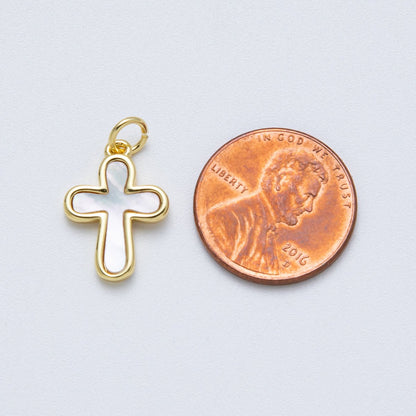 14K Gold Filled 17.2mm Shell Pearl Minimalist Religious Cross Charm | Charms-00040