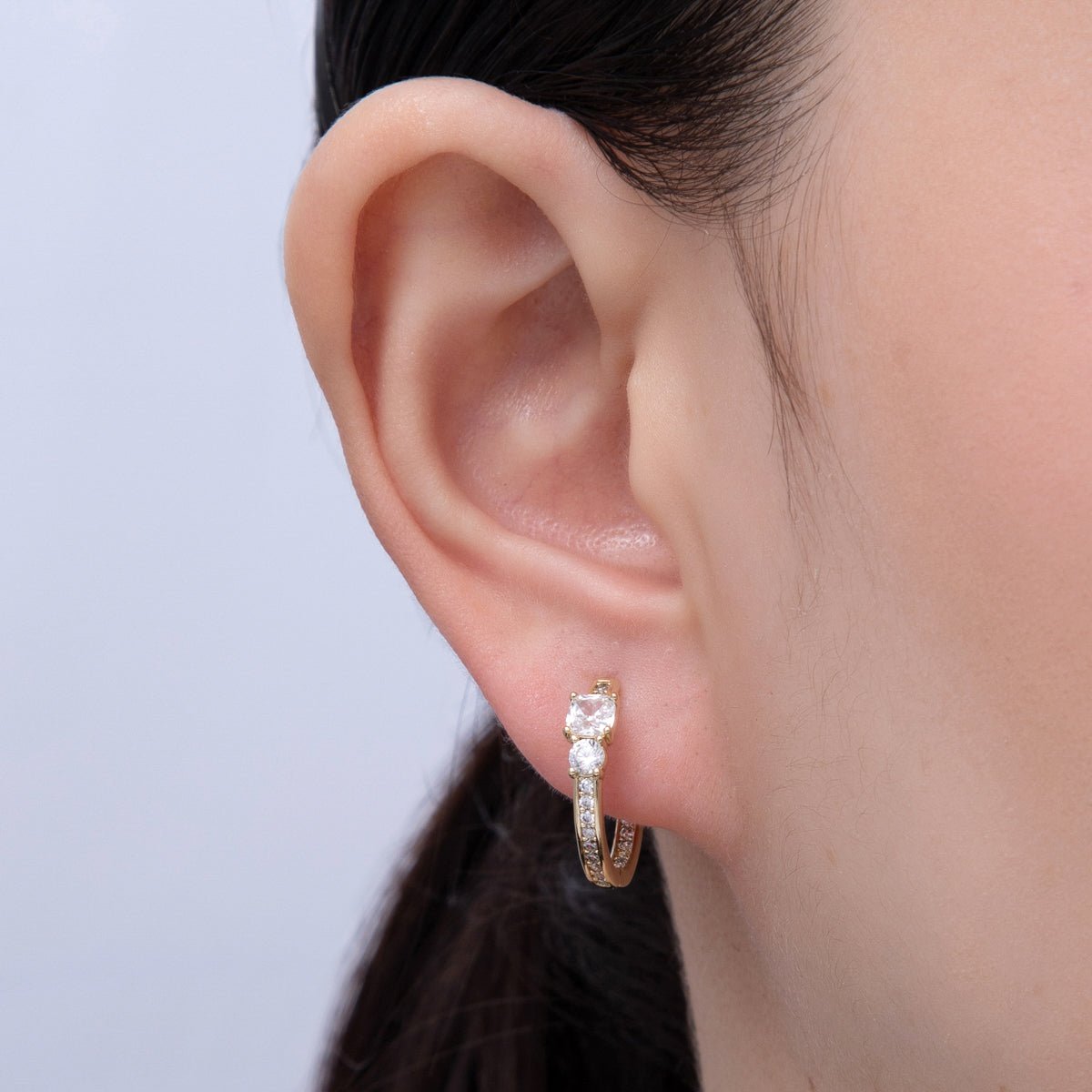 14K Gold Filled 17.5mm Micro Paved CZ Solitaire Front-Facing Huggie Earrings | Earrings-00101