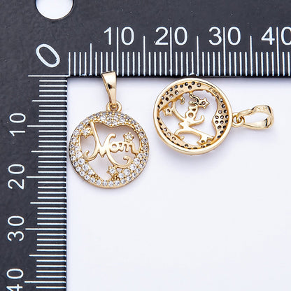 14K Gold Filled 17mm Micro Paved CZ "MOM" Open Round Charm | Charms-000329