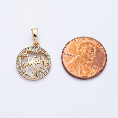 14K Gold Filled 17mm Micro Paved CZ "MOM" Open Round Charm | Charms-000329