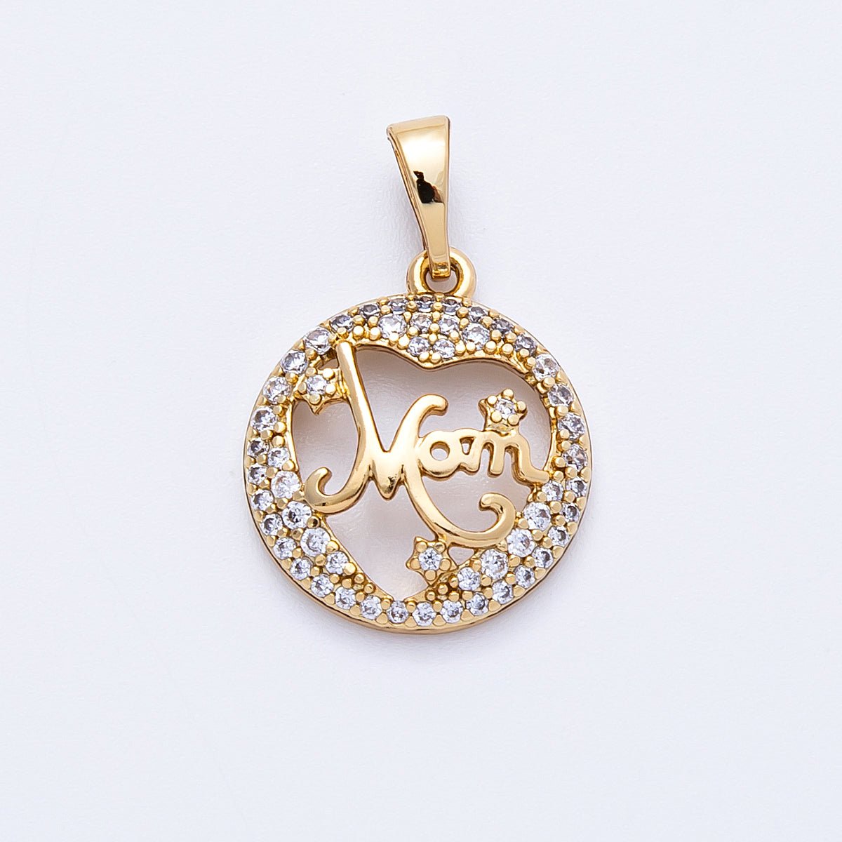 14K Gold Filled 17mm Micro Paved CZ "MOM" Open Round Charm | Charms-000329