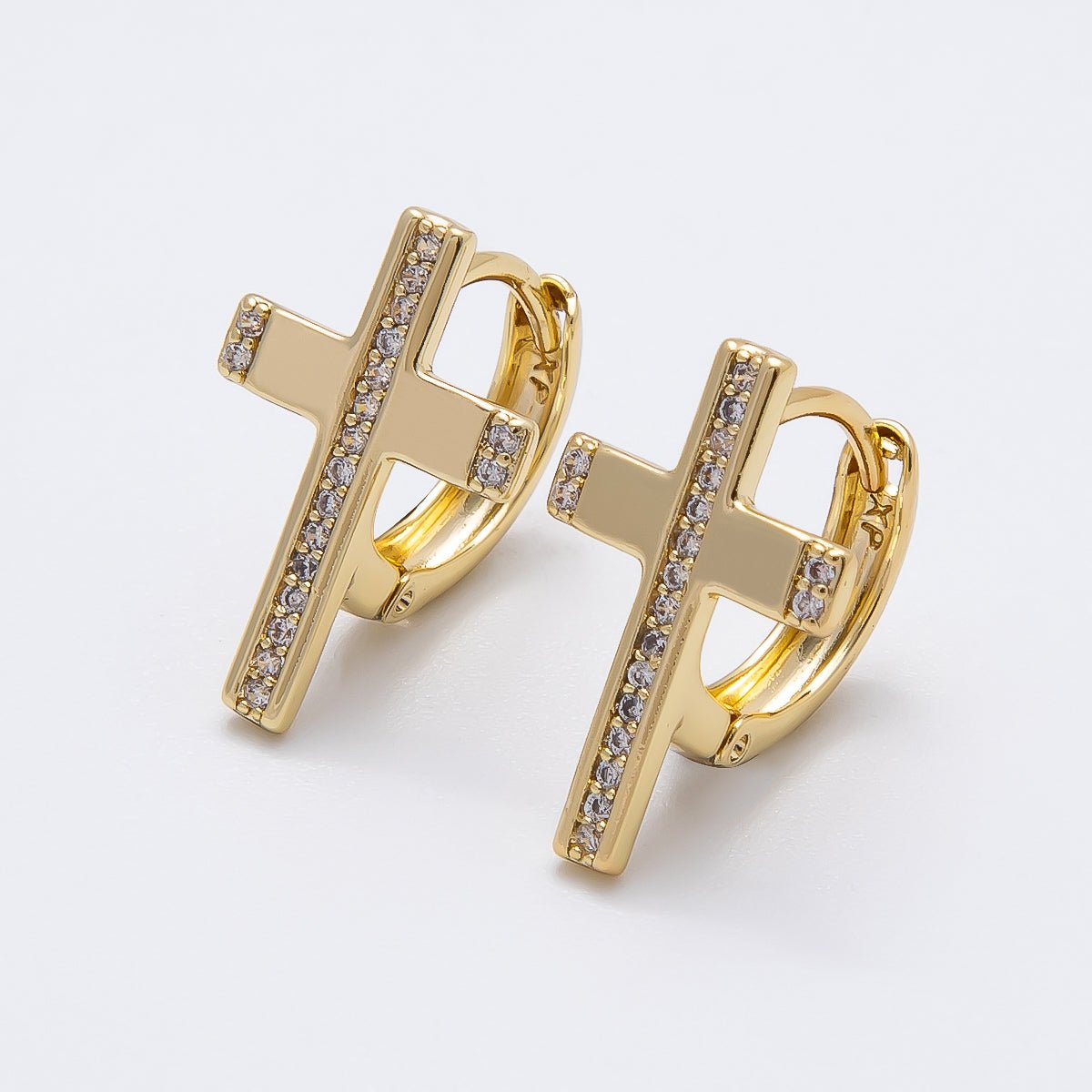 14K Gold Filled 17mm Micro Paved CZ Religious Cross Huggie Earrings | Earrings-00266