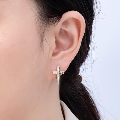 14K Gold Filled 17mm Micro Paved CZ Religious Cross Huggie Earrings | Earrings-00266