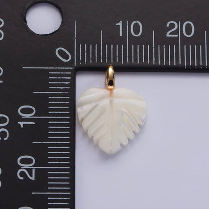 14K Gold Filled 17mm Shell Pearl Heart Nature Monstera Leaf Pendant | P1640