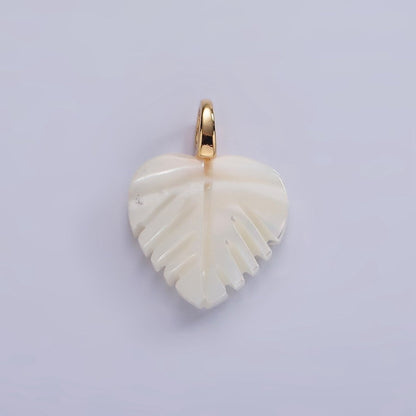 14K Gold Filled 17mm Shell Pearl Heart Nature Monstera Leaf Pendant | P1640