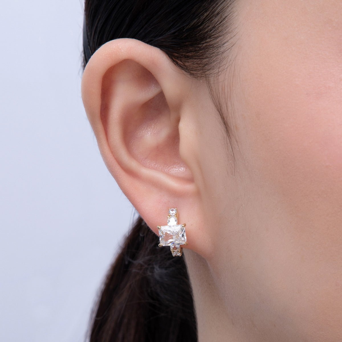 14K Gold Filled 18.8mm Clear CZ Baguette Gradient Huggie Earrings | Earrings-00081