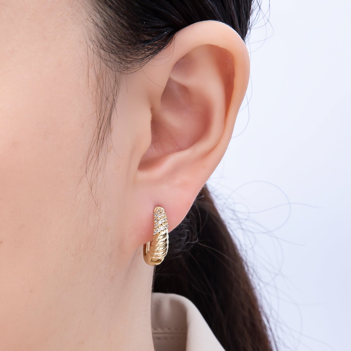 14K Gold Filled 18mm Micro Paved CZ Croissant Huggie Earrings | Earrings-00264