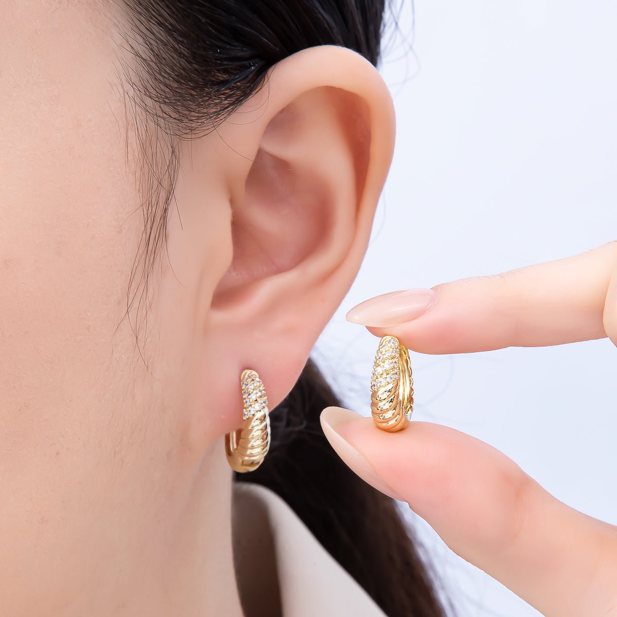 14K Gold Filled 18mm Micro Paved CZ Croissant Huggie Earrings | Earrings-00264