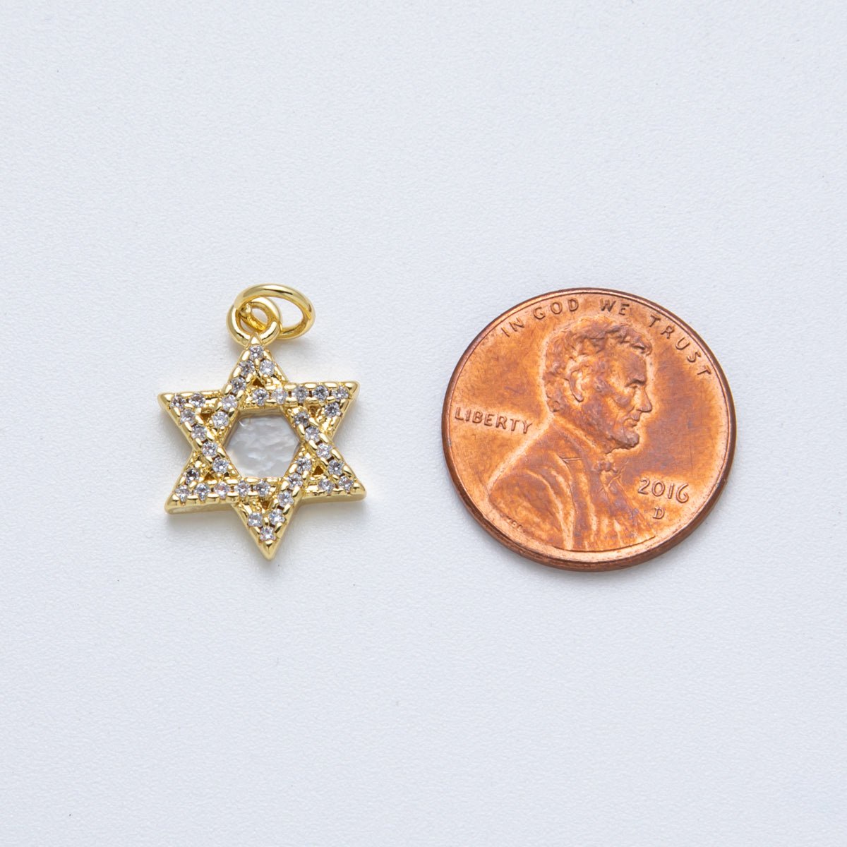 14K Gold Filled 18mm Star of David Shell Pearl Micro Paved CZ Religious Charm | Charms-00018