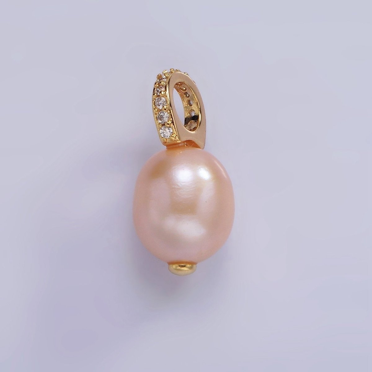 14K Gold Filled 19.5mm Pink, Purple Pearl Button Drop Micro Paved CZ Pendant | P1643