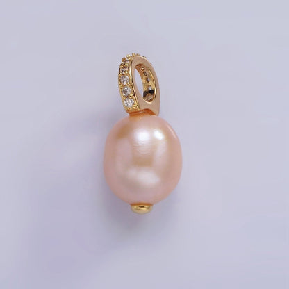 14K Gold Filled 19.5mm Pink, Purple Pearl Button Drop Micro Paved CZ Pendant | P1643