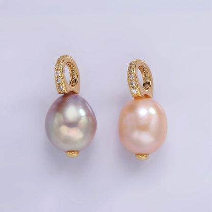 14K Gold Filled 19.5mm Pink, Purple Pearl Button Drop Micro Paved CZ Pendant | P1643