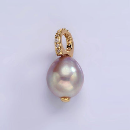 14K Gold Filled 19.5mm Pink, Purple Pearl Button Drop Micro Paved CZ Pendant | P1643