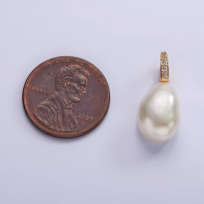 14K Gold Filled 19mm White Freshwater Pearl Button Drop Micro Paved CZ Pendant | P1641