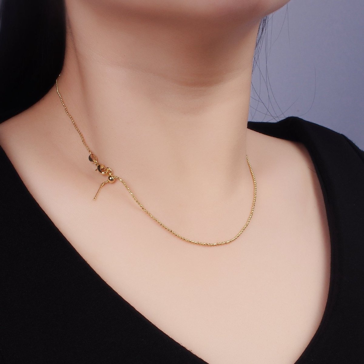14K Gold Filled 1mm Bead Chain 17.5 Inch Needle Slider Necklace in Gold &amp; Silver | WA-2426 WA-2427