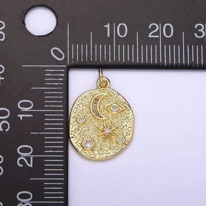 14K Gold Filled 20mm Evil Eye Celestial Crescent Moon Star Hammered Oval Charm | AG-211