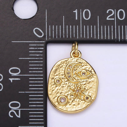 OS 14K Gold Filled 20mm Evil Eye Celestial Crescent Moon Star Textured Oval Charm | AG285