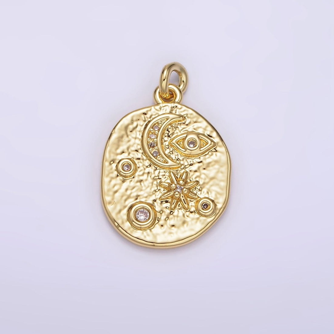 OS 14K Gold Filled 20mm Evil Eye Celestial Crescent Moon Star Textured Oval Charm | AG285
