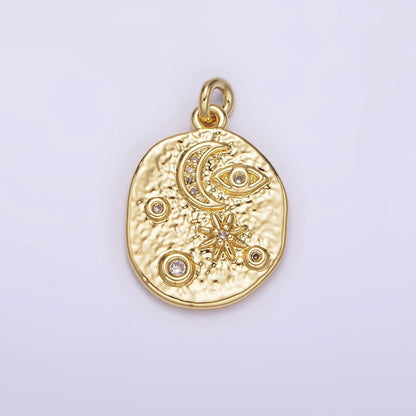 OS 14K Gold Filled 20mm Evil Eye Celestial Crescent Moon Star Textured Oval Charm | AG285