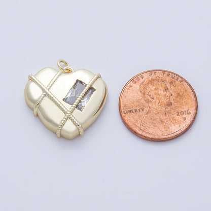 14K Gold Filled 20mm Clear Baguette CZ Rope Tied Chubby Heart Charm | AF1480