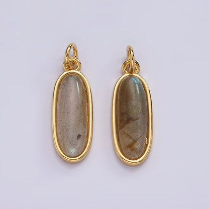 14K Gold Filled 20mm Labradorite Gemstone Oblong Bezel Charm | AG515
