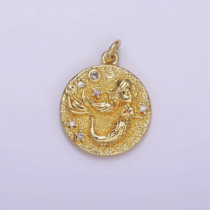 14K Gold Filled 20mm Mermaid Celestial Star CZ Hammered Round Charm | AG266