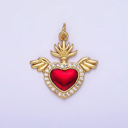 14K Gold Filled 20mm Micro Paved CZ Red Sacred Heart Feather Wings Charm | AG625