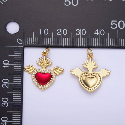 14K Gold Filled 20mm Micro Paved CZ Red Sacred Heart Feather Wings Charm | AG625