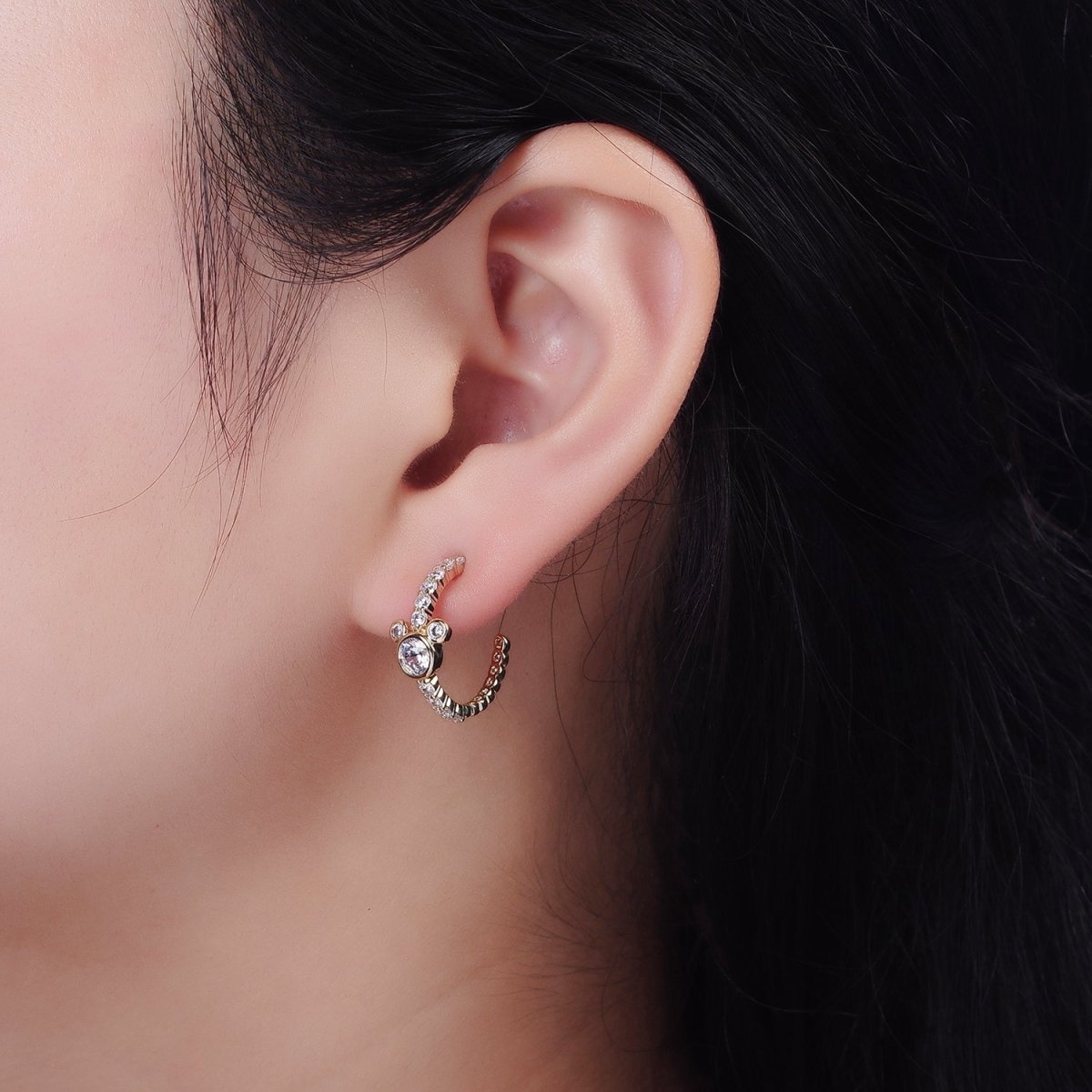 14K Gold Filled 20mm Mouse Triple Clear CZ Micro Paved C-Shaped Hoop Earrings in Silver &amp; Gold | V466 V467