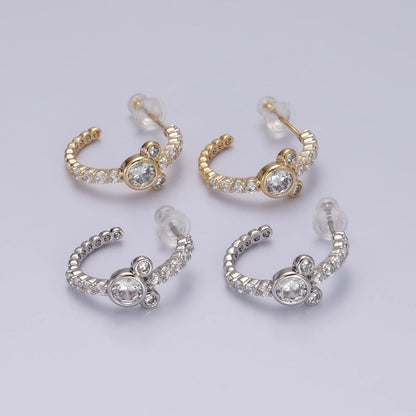 14K Gold Filled 20mm Mouse Triple Clear CZ Micro Paved C-Shaped Hoop Earrings in Silver &amp; Gold | V466 V467