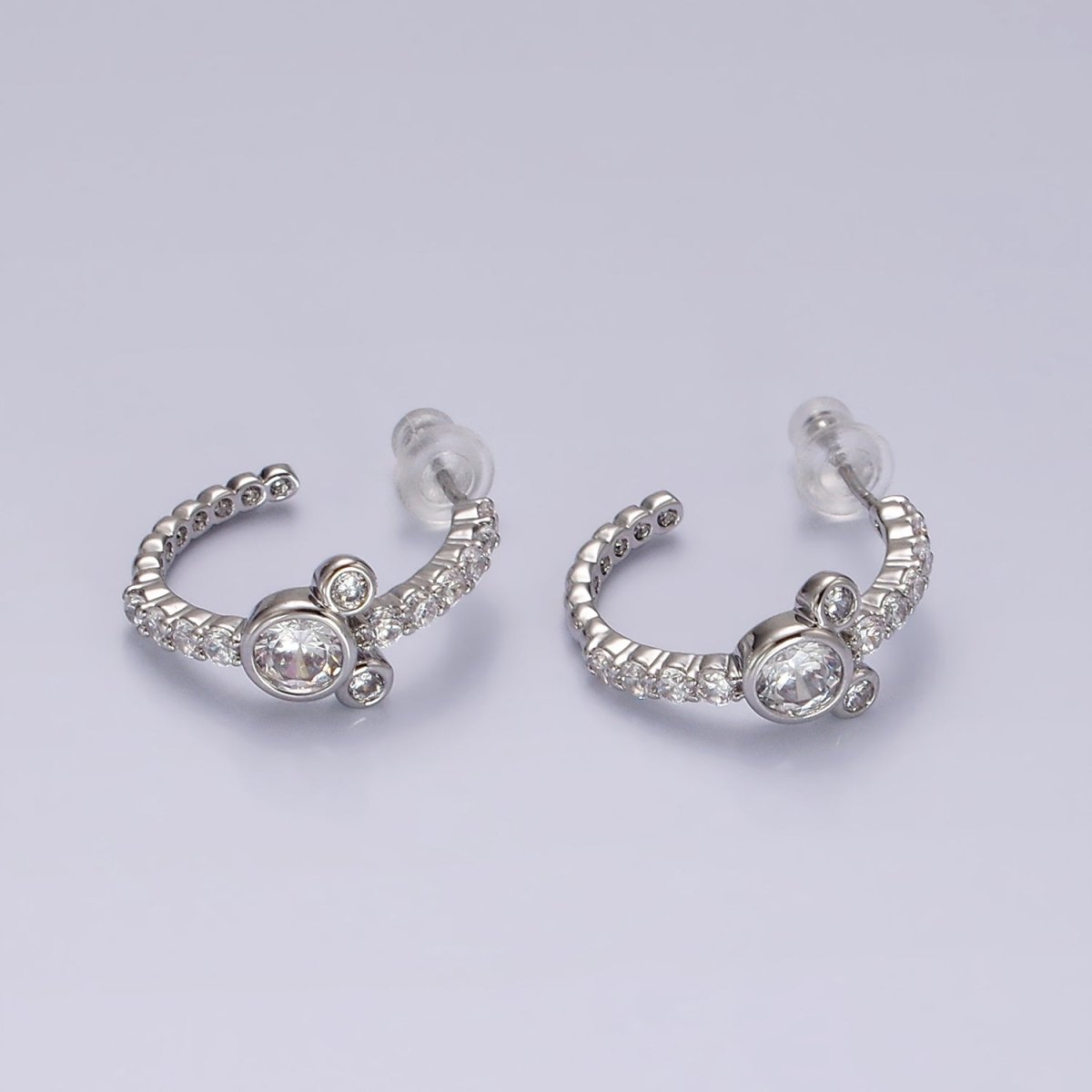 14K Gold Filled 20mm Mouse Triple Clear CZ Micro Paved C-Shaped Hoop Earrings in Silver &amp; Gold | V466 V467