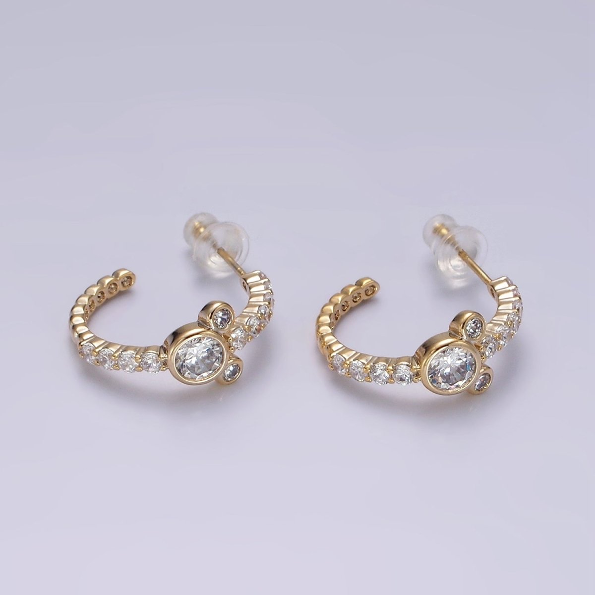 14K Gold Filled 20mm Mouse Triple Clear CZ Micro Paved C-Shaped Hoop Earrings in Silver &amp; Gold | V466 V467