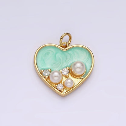 14K Gold Filled 20mm Pearl CZ Dotted Teal Sparkly Enamel Heart Charm | AC788