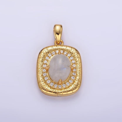 14K Gold Filled 21mm Moonstone, Labradorite, Blue Agate Oval Micro Paved CZ Lined Pendant | AA-689 - AA-691