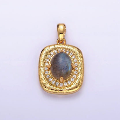 14K Gold Filled 21mm Moonstone, Labradorite, Blue Agate Oval Micro Paved CZ Lined Pendant | AA-689 - AA-691