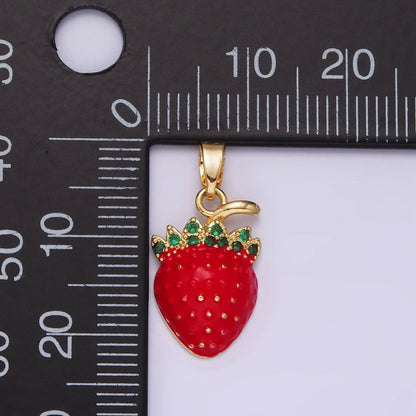 14K Gold Filled 22.5mm Strawberry Fruit Red Enamel Pendant | N1832
