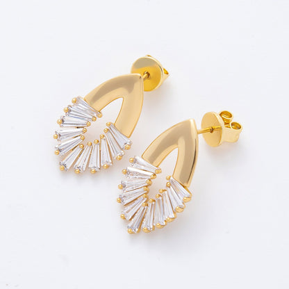 14K Gold Filled 23mm Clear CZ Triangle Baguette Open Navette Geometric Stud Earrings | AJ242