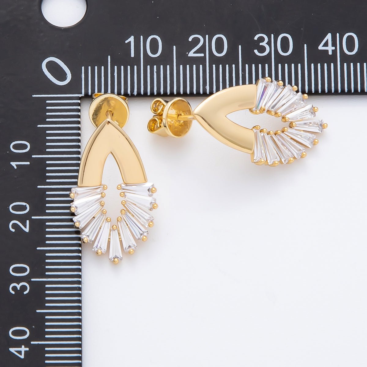 14K Gold Filled 23mm Clear CZ Triangle Baguette Open Navette Geometric Stud Earrings | AJ242