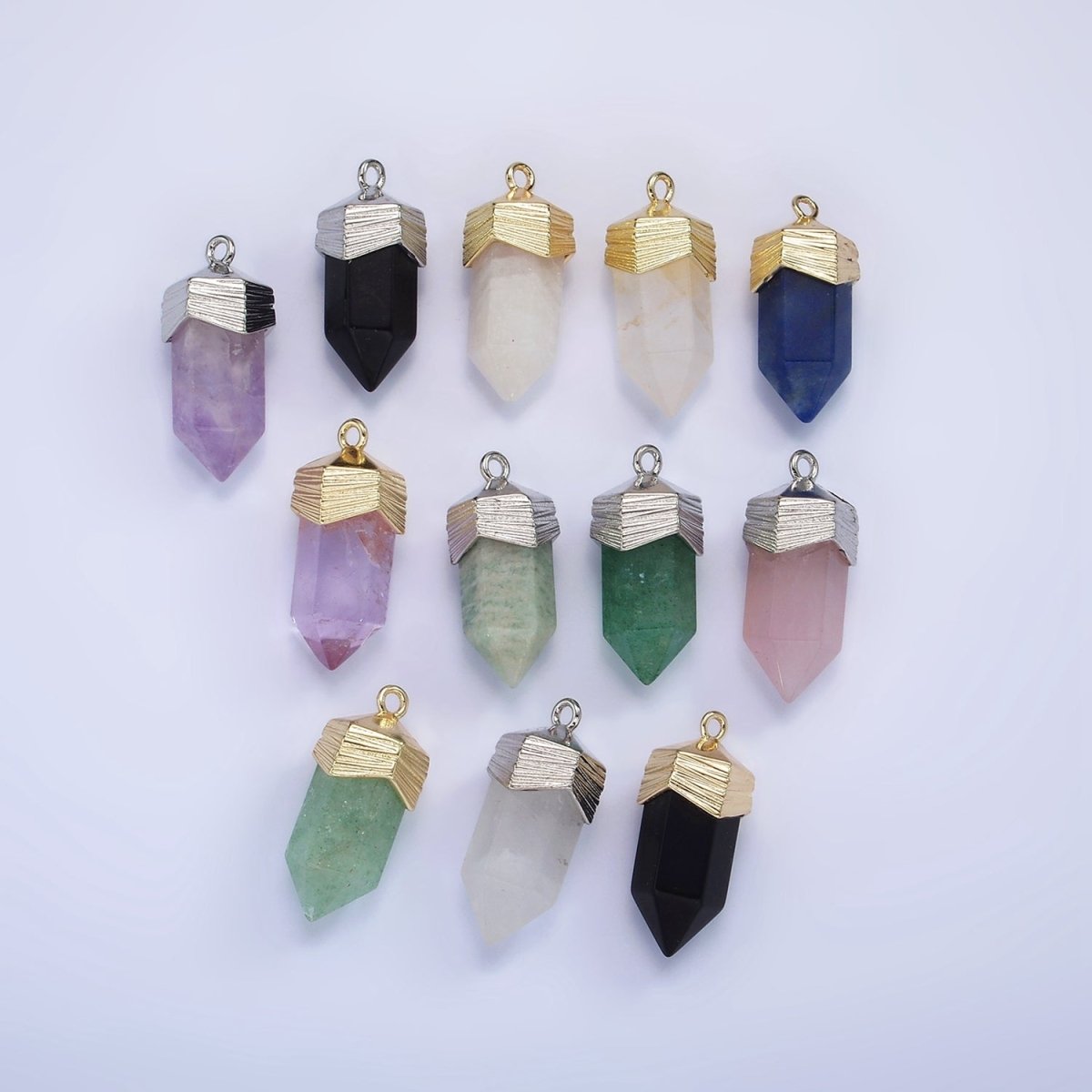 14K Gold Filled 23mm Natural Gemstone Pointed Wand Line-Textured Charm in Silver &amp; Gold | AG342 - AG353
