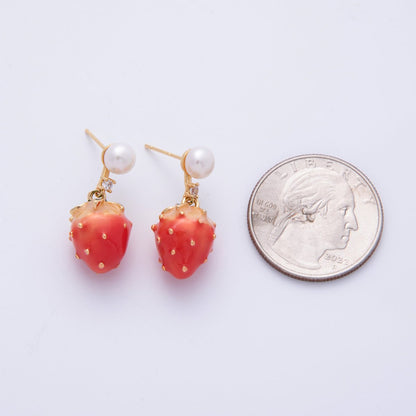 14K Gold Filled 24.5mm Strawberry Enamel Shell Pearl Drop Stud | Earrings-00014