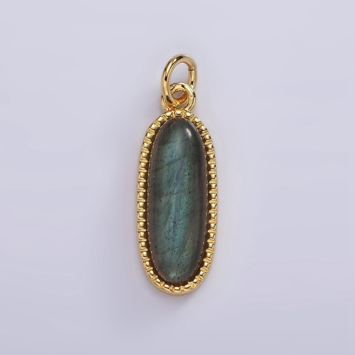 14K Gold Filled 24mm Natural Gemstone Dotted Bezel Oblong Charm | AG566 - AG571