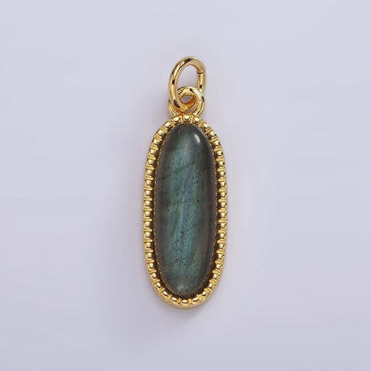 14K Gold Filled 24mm Natural Gemstone Dotted Bezel Oblong Charm | AG566 - AG571