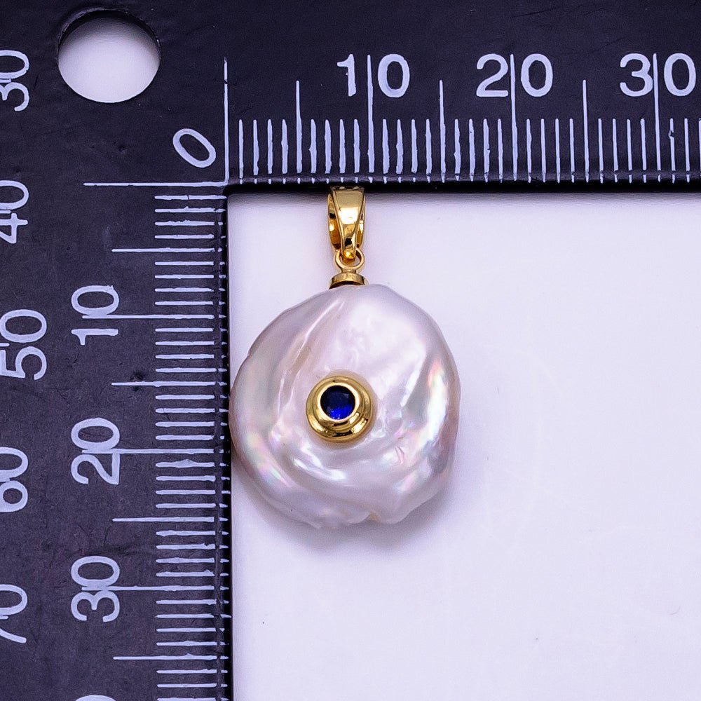 14K Gold Filled 25mm Blue, Clear CZ Keshi Freshwater Pearl Pendant | P1740