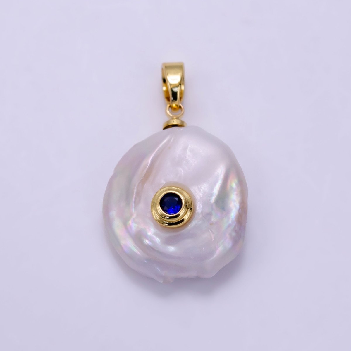14K Gold Filled 25mm Blue, Clear CZ Keshi Freshwater Pearl Pendant | P1740