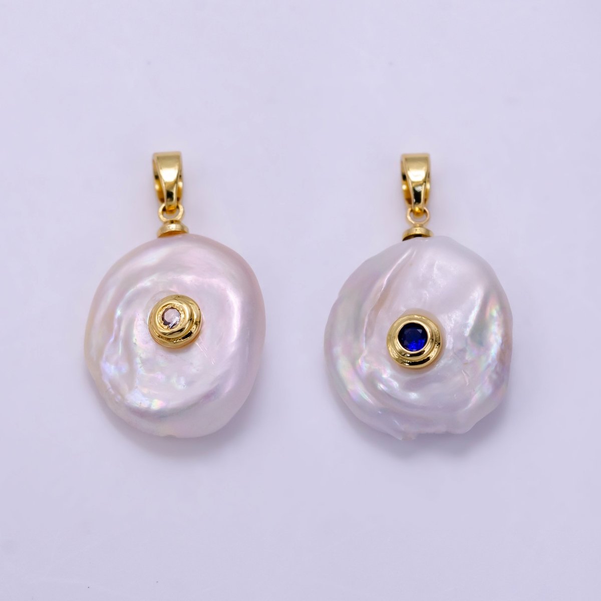 14K Gold Filled 25mm Blue, Clear CZ Keshi Freshwater Pearl Pendant | P1740