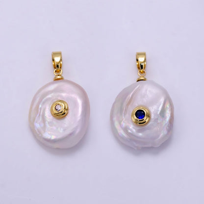 14K Gold Filled 25mm Blue, Clear CZ Keshi Freshwater Pearl Pendant | P1740
