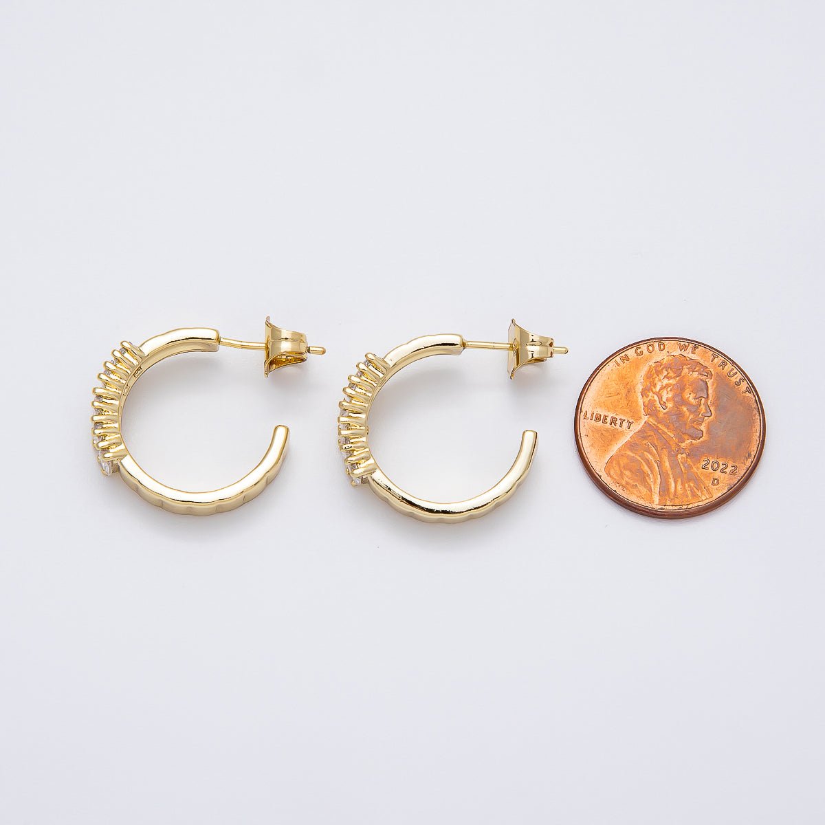 14K Gold Filled 25mm Clear CZ Baguette C-Shaped Hoop Earrings | Earrings-00272