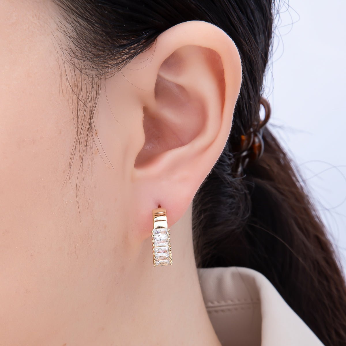 14K Gold Filled 25mm Clear CZ Baguette C-Shaped Hoop Earrings | Earrings-00272